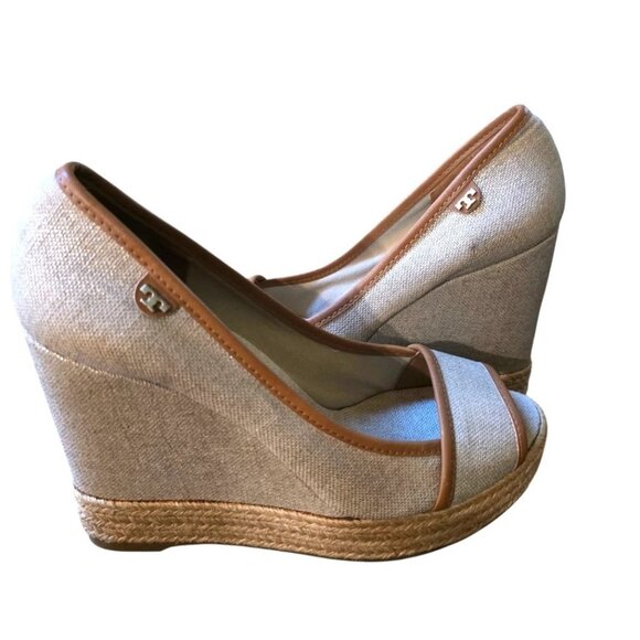 Tory Burch Majorca Canvas Espadrille Wedge Peep Toe Shoes Size 40 - 9-9.5M - Picture 2 of 5
